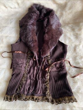 Y2K dark chocolate brown real fur sleeveless wrap vest jacket top S M